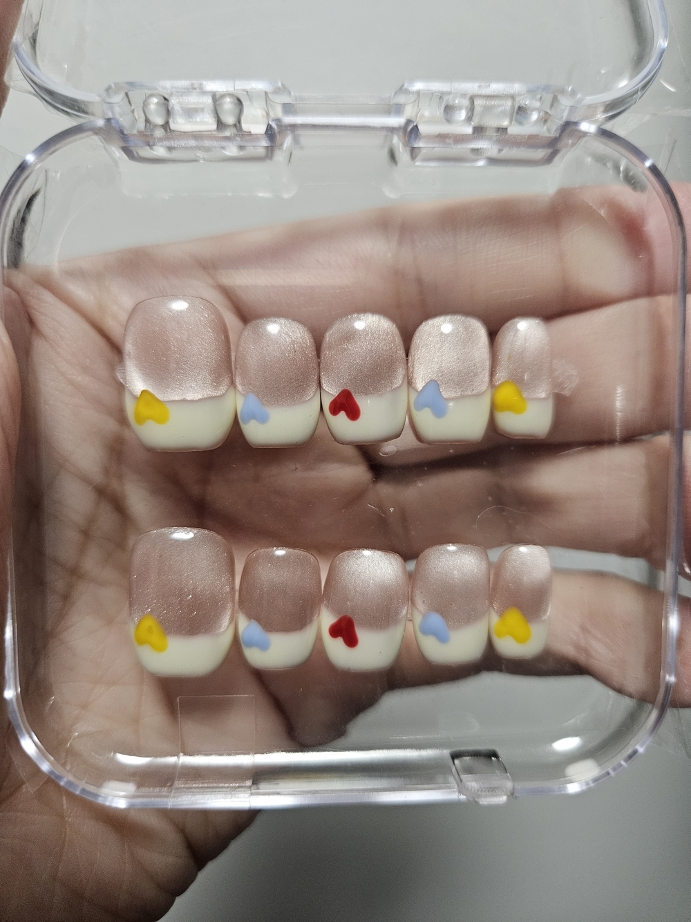Pearlescent Pink & Cream Press-On Nails with Multicolor Hearts Size Small